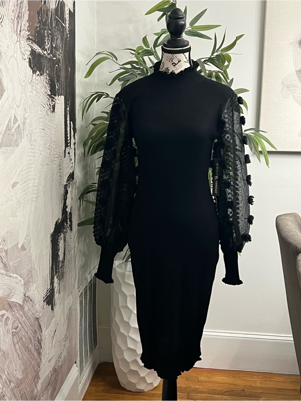 Almost Famous Black Ribbed Midi Dress with Lace Balloon Sleeves